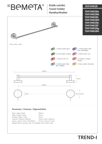 Wieszak na ręcznik 50 x 7 cm TREND-I 104104028 Bemeta wymiary