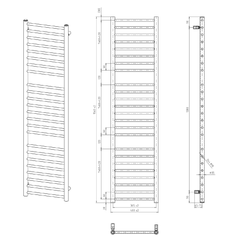 Grzejnik łazienkowy 400 x 1560 mm biały 477 W DINA IR364W Sapho wymiary