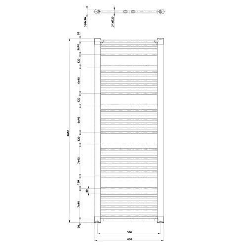 Grzejnik łazienkowy 600 x 1680 mm biały 1013 W DIRECT ILR66T Aqualine wymiary