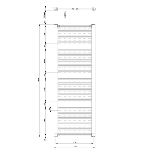 Grzejnik łazienkowy 750 x 1850 mm biały 1439 W DIRECT ILR87T Aqualine wymiary