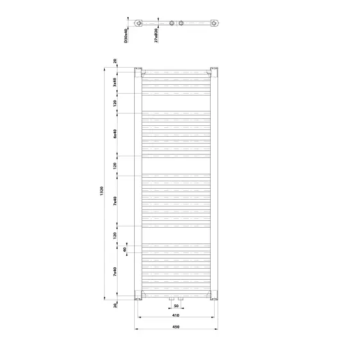 Grzejnik łazienkowy 450 x 1320 mm podłączenie środkowe biały 594 W DIRECT ELM34T Aqualine wymiary