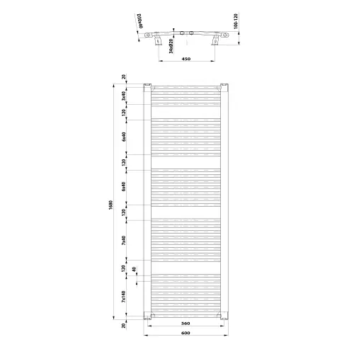 Grzejnik łazienkowy 600 x 1680 mm biały 1013 W ORBIT ILO66T Aqualine wymiary