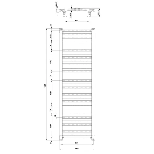 Grzejnik łazienkowy 600 x 1320 mm biały 795 W ORBIT ILO36T Aqualine wymiary