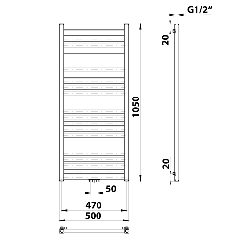 Grzejnik łazienkowy 500 x 1050 mm czarny mat 465 W GRUNT 600.121.6 BRUCKNER wymiary