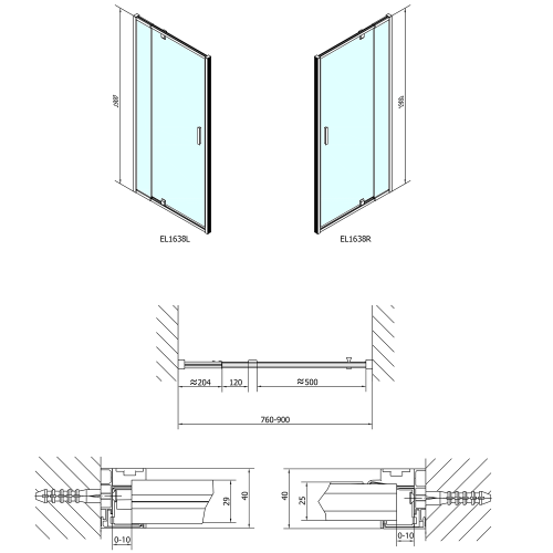Drzwi prysznicowe do wnęki obrotowe 760 - 900 mm szkło brick EASY LINE EL1638 Polysan wymiary