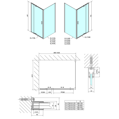 Kabina prysznicowa narożna kwadratowa 90-100 x 100 x 190 cm drzwi obrotowe L/R szkło brick EASY LINE EL1738EL3438 POLYSAN wymiary