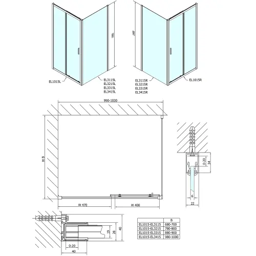 Kabina prysznicowa narożna prostokątna 100x80x190 cm drzwi przesuwne L/R EASY LINE EL1015EL3215 POLYSAN wymiary
