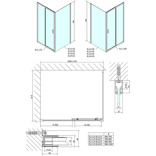 Kabina prysznicowa narożna prostokątna 110x90x190 cm drzwi przesuwne L/R EASY LINE EL1115EL3315 POLYSAN wymiary