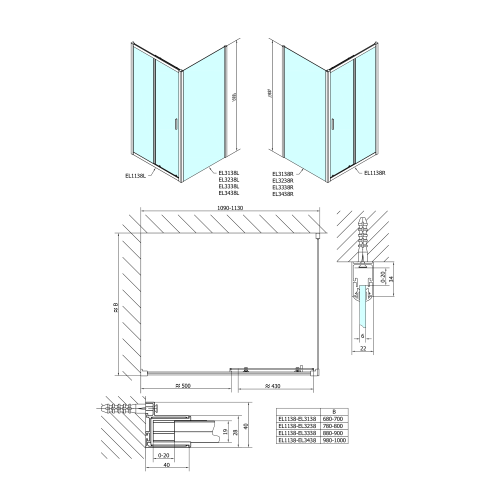 Kabina prysznicowa narożna prostokątna 110x90x190 cm drzwi przesuwne szkło brick L/R EASY LINE EL1138EL3338 POLYSAN wymiary