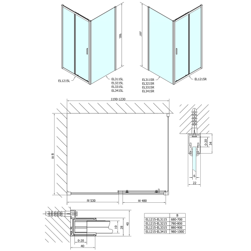 Kabina prysznicowa narożna prostokątna 120x80x190 cm drzwi przesuwne L/R EASY LINE EL1215EL3215 POLYSAN wymiary