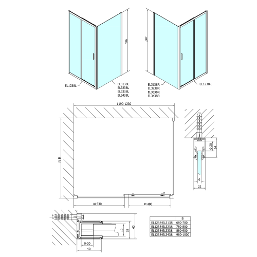Kabina prysznicowa narożna prostokątna 120x90x190 cm drzwi przesuwne szkło brick L/R EASY LINE EL1238EL3338 POLYSAN wymiary