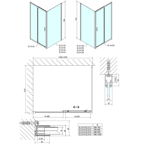 Kabina prysznicowa narożna prostokątna 150x80x190 cm drzwi przesuwne L/R EASY LINE EL1515EL3215 POLYSAN wymiary