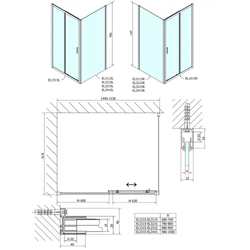 Kabina prysznicowa narożna prostokątna 150x100x190 cm drzwi przesuwne L/R EASY LINE EL1515EL3415 POLYSAN wymiary