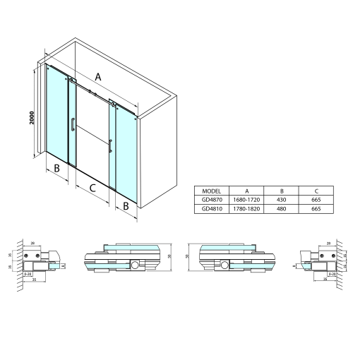 Drzwi prysznicowe do wnęki przesuwne 170 x 200 cm DRAGON GD4870 Gelco wymiary