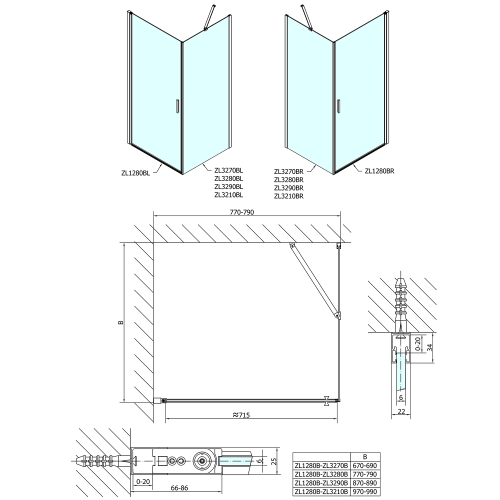Kabina prysznicowa prostokątna 80 x 90 x 190 cm ZOOM LINE BLACK ZL1280BZL3290B Polysan wymiary