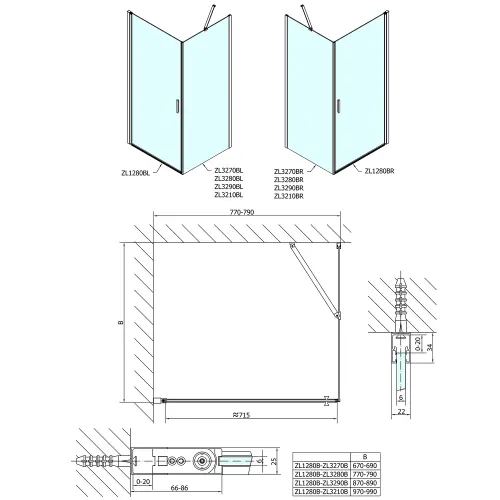 Kabina prysznicowa prostokątna 140 x 80 x 190 cm ZOOM LINE BLACK ZL1314BZL3280B Polysan wymiary