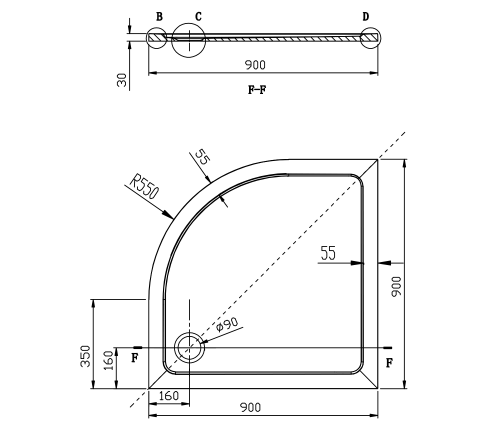 AKCE kabina prysznicowa półokrągła 90x90 narożna szkło matowe AG4295 Gelco rysunek