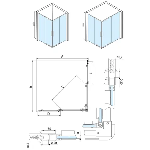 Kabina prysznicowa narożna prostokątna 100 x 90 x 200 cm wejście z rogu ALTIS LINE AL1510CAL1590C POLYSAN rysunek
