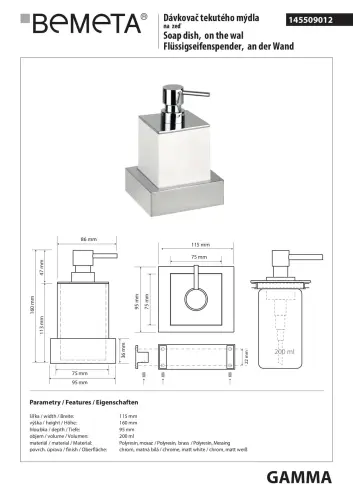 Dozownik do mydła biały 200 ml GAMMA 145509012 Bemeta wymiary