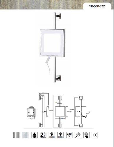Lusterko kosmetyczne naścienne z podświetleniem LED 200 mm 116501672 Bemeta rysunek