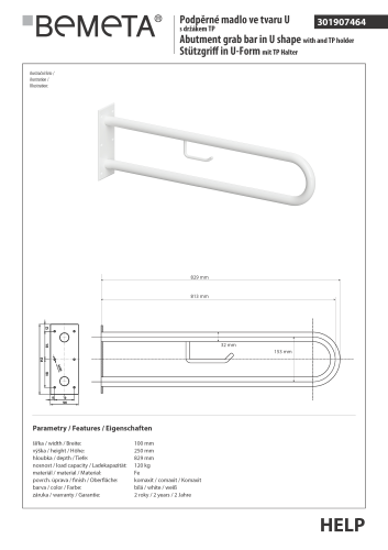 Poręcz typu U 813 mm z uchwytem na papier biała HELP 301907464 Bemeta techniczny