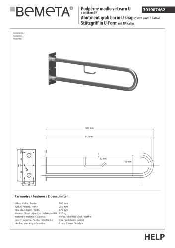 Poręcz typu U 813 mm z uchwytem na papier stal szczotkowana HELP 301907462 Bemeta technniczny