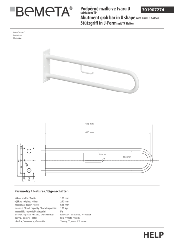 Poręcz typu U 900 mm z uchwytem na papier biała HELP 301907334 Bemeta techniczny