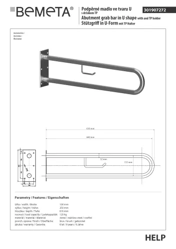 Poręcz typu U 900 mm z uchwytem na papier stal szczotkowana HELP 301907332 Bemeta techniczny