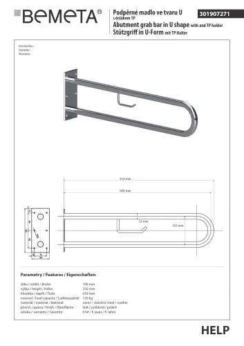 Poręcz typu U 900 mm z uchwytem na papier stal nierdzewna HELP 301907331 Bemeta techniczny