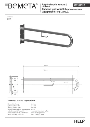 Poręcz typu U 850 mm z uchwytem na papier stal szczotkowana HELP 301907322 Bemeta techniczny