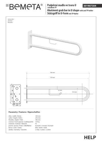 Poręcz typu U 750 mm z uchwytem na papier biała HELP 301907304 Bemeta techniczny