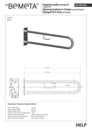 Poręcz typu U 750 mm z uchwytem na papier stal szczotkowana HELP 301907302 Bemeta techniczny