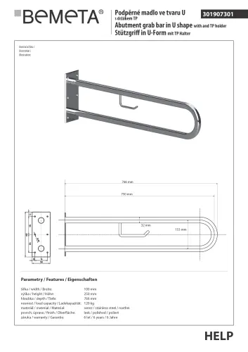 Poręcz typu U 750 mm z uchwytem na papier stal nierdzewna HELP 301907301 Bemeta techniczny