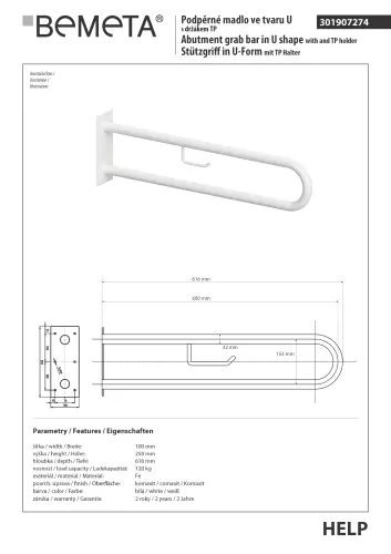 Poręcz typu U 600 mm z uchwytem na papier biała HELP 301907274 Bemeta techniczny