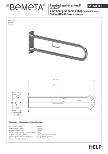 Poręcz typu U 600 mm z uchwytem na papier stal nierdzewna HELP 301907271 Bemeta techniczny