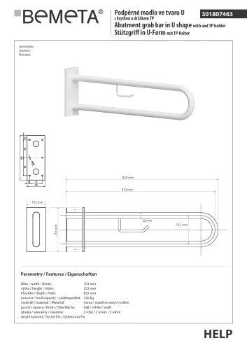 Poręcz typu U 900 mm z uchwytem na papier z kołnierzem osłonowym biała HELP 301807333 Bemeta techniczny