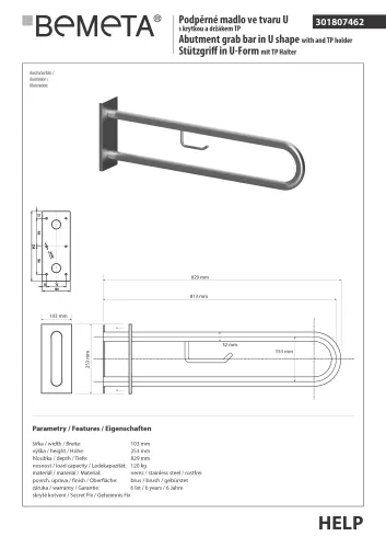 Poręcz typu U 900 mm z uchwytem na papier z kołnierzem osłonowym stal szczotkowana HELP 301807332 Bemeta techniczny