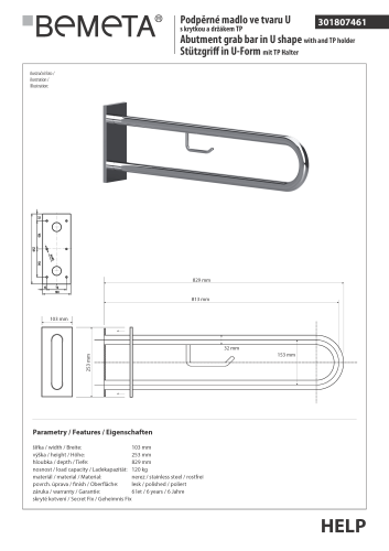 Poręcz typu U 900 mm z uchwytem na papier z kołnierzem osłonowym stal nierdzewna HELP 301807331 Bemeta techniczny