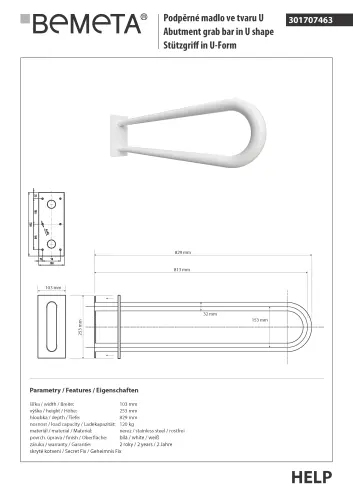 Poręcz typu U 813 mm z kołnierzem osłonowym biała HELP 301707463 Bemeta techniczny