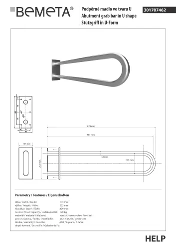 Poręcz typu U 813 mm z kołnierzem osłonowym stal szczotkowana HELP 301707462 Bemeta techniczny