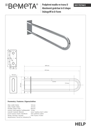 Poręcz typu U 813 mm z kołnierzem osłonowym stal nierdzewna HELP 301707461 Bemeta techniczny