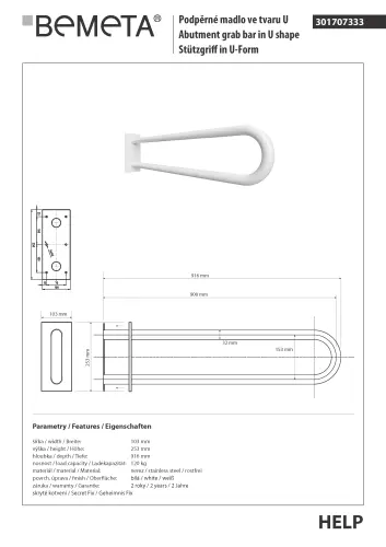 Poręcz typu U 900 mm biała HELP 301707333 Bemeta techniczny