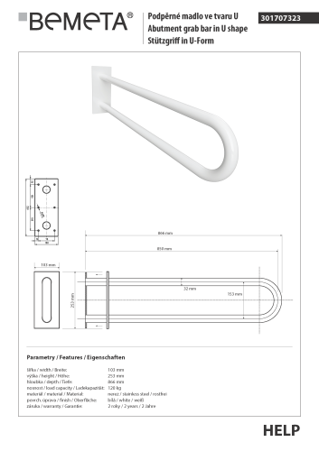 Poręcz typu U 850 mm z kołnierzem osłonowym biała HELP 301707323 Bemeta techniczny