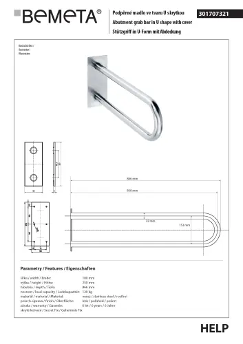 Poręcz typu U 850 mm z kołnierzem osłonowym stal nierdzewna HELP 301707321 Bemeta techniczny