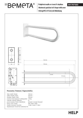 Poręcz typu U 750 mm z kołnierzem osłonowym biała HELP 301707303 Bemeta techniczny