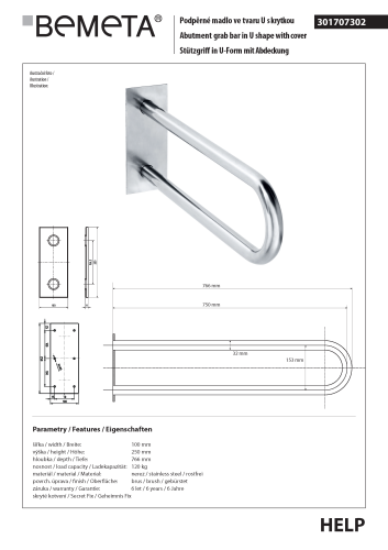 Poręcz typu U 750 mm z kołnierzem osłonowym stal szczotkowana HELP 301707302 Bemeta techniczny
