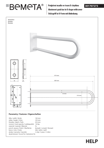 Poręcz typu U 600 mm z kołnierzem osłonowym biała HELP 301707273 Bemeta techniczny