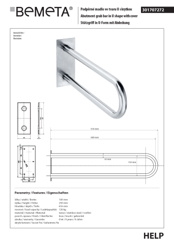 Poręcz typu U 600 mm z kołnierzem osłonowym stal szczotkowana HELP 301707272 Bemeta techniczny