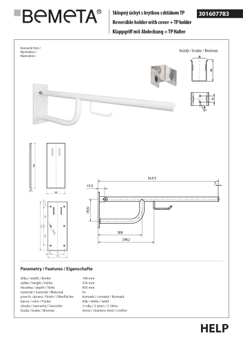 Poręcz składana 850 mm z uchwytem na papier z kołnierzem osłonowym biała HELP 301607783 Bemeta techniczny