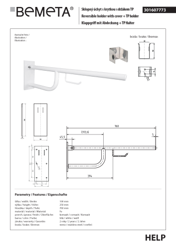 Poręcz składana 760 mm z uchwytem na papier z kołnierzem osłonowym biała HELP 301607773 Bemeta techniczny